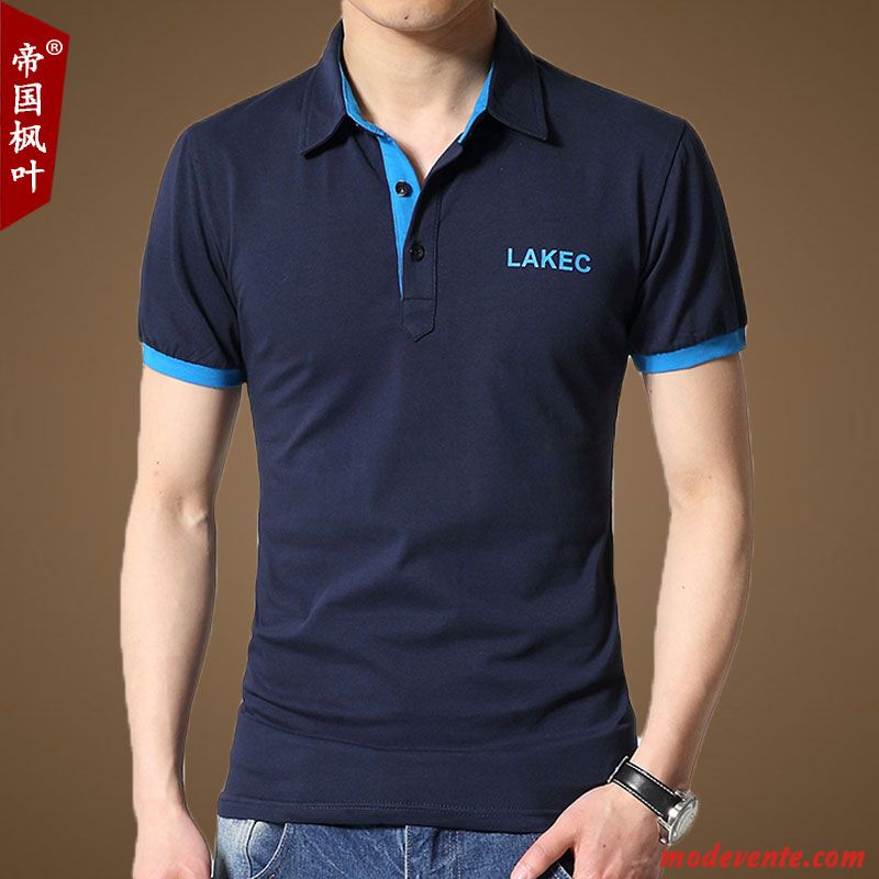 T-shirt Homme Coton Bio Revers Roulé Gras Baggy Grande Taille Demi Manche Bleu