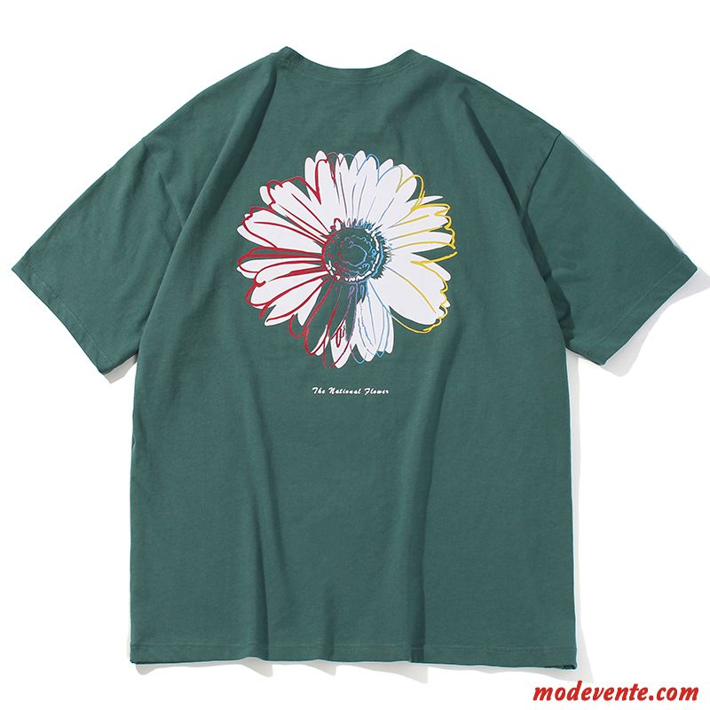 T-shirt Homme Désign Courte Petite Marguerite Col Rond Fantaisie Tendance Vert