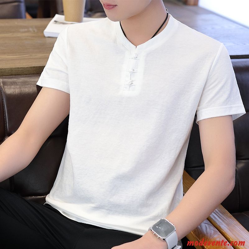 T-shirt Homme Leggings Rétro Courte Style Chinois Lin Tendance Blanc