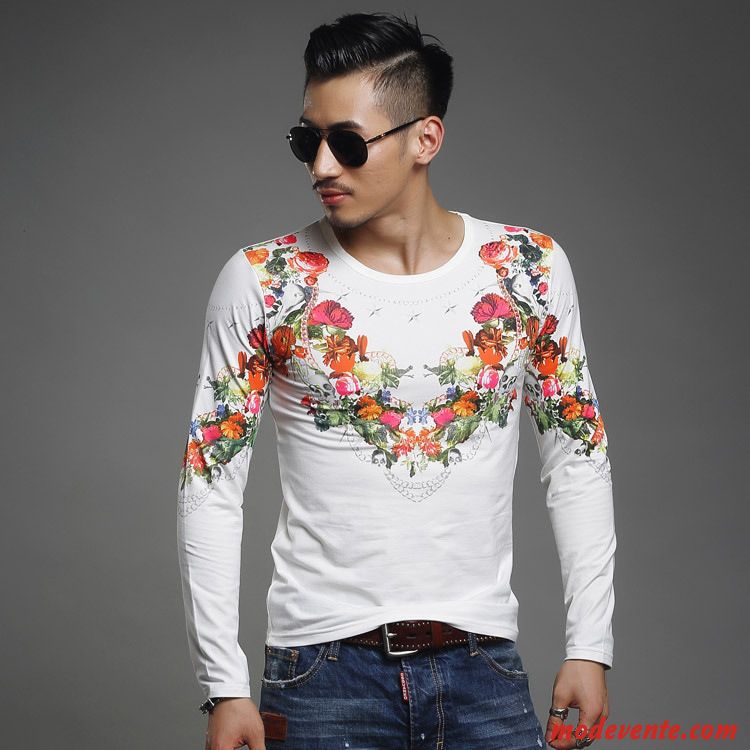 T-shirt Homme Longues Hiver Col Rond L'automne Clearance À Vendre Chemise En Bas Rose Impression Blanc