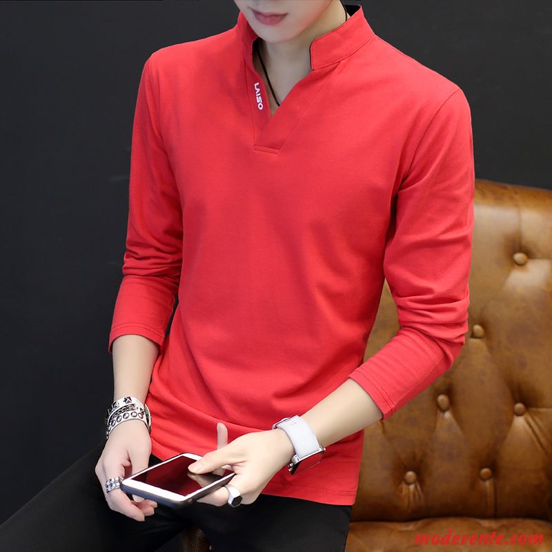 T-shirt Homme Printemps L'automne T-shirt Long Slim Col Mandarin Chemise En Bas Rouge