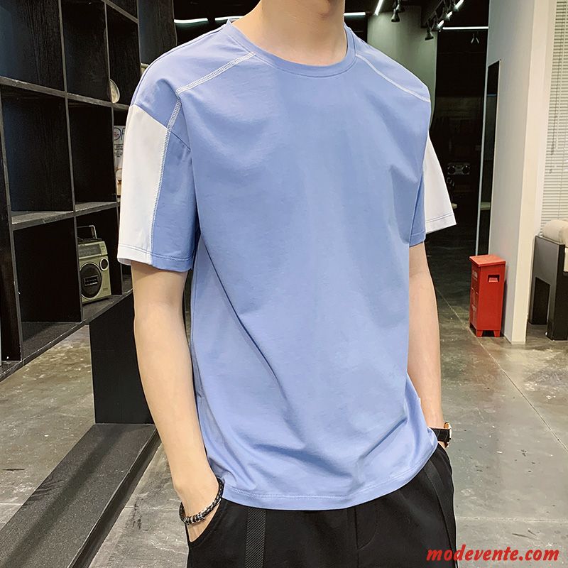 T-shirt Homme Tendance Chemise En Bas Col Rond Été Manche Baggy Couleur De Contraste Bleu