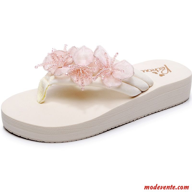 Tongs Femme Fleurs Talons Compensés Été Outwear Plage Semelle Épaisse Blanc