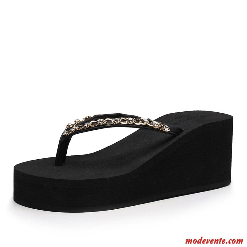 Tongs Femme Mode Antidérapant Plage Talons Hauts Imitation Strass Outwear Noir