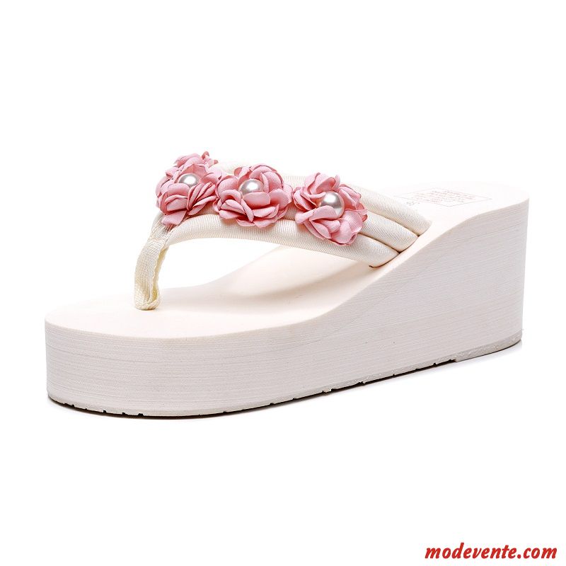 Tongs Femme Outwear Tendance Mode Semelle Épaisse Fleurs Été Blanc Rouge