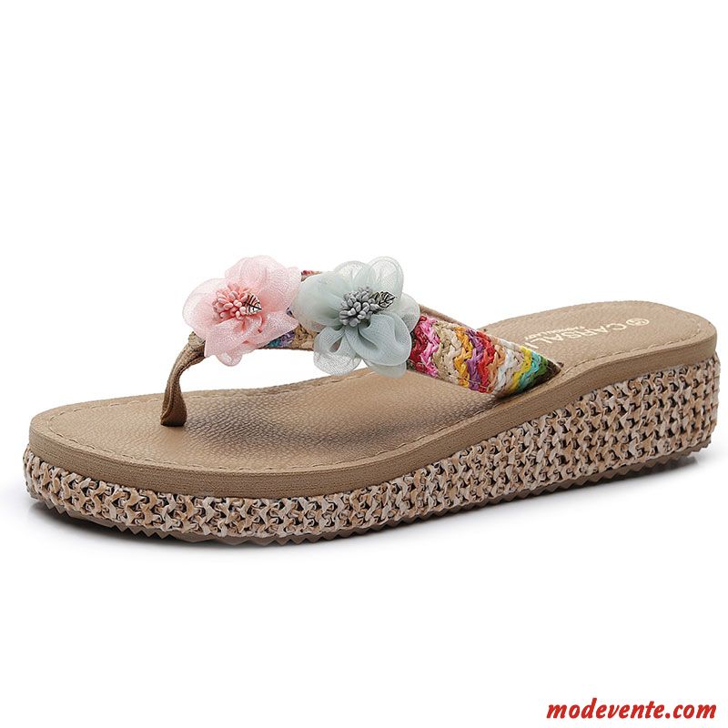 Tongs Femme Plage Semelle Épaisse Tongs Chaussons Vacances Été Talon Moyen Rose Vert