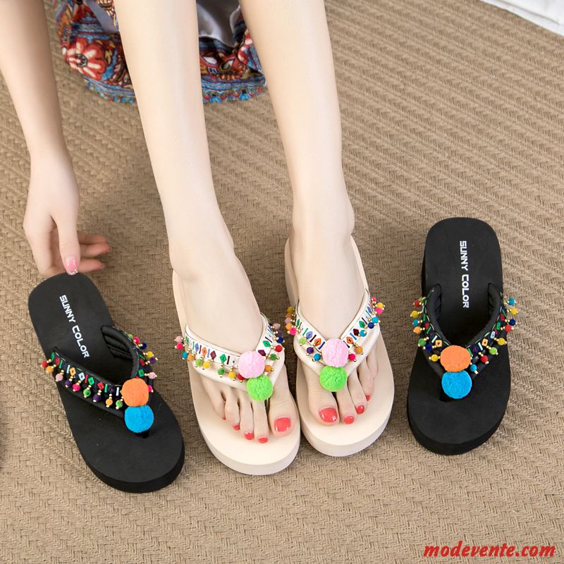 Tongs Femme Semelle Épaisse Plage Talons Compensés Été Talons Hauts Tongs Chaussons Noir