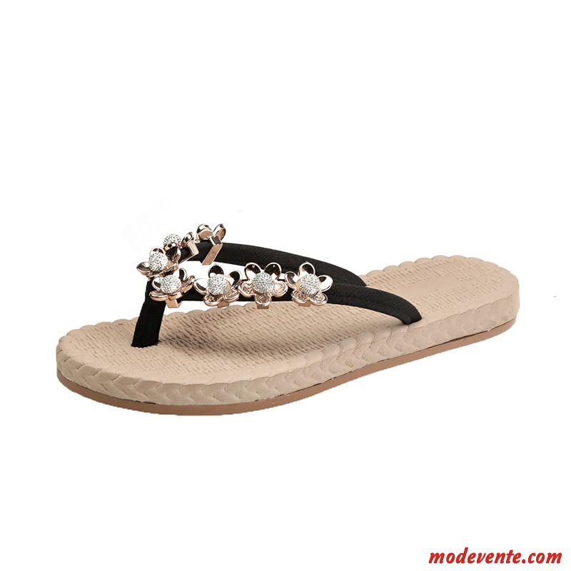 Tongs Femme Été Vacances Imitation Strass Mode Outwear Fleurs Noir