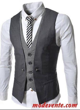 Vente En Gros Gris Foncé Couleur V Neck Manteau Bouton Vestes Vertical Pocket De Split Joint Sans Manches Hommes