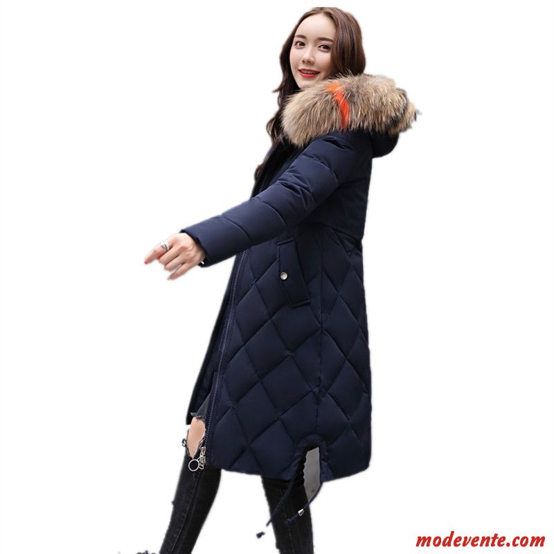 Veste En Coton Femme Hiver Longue Mince Grand Col De Fourrure Manteau Vêtements Matelassé Bleu