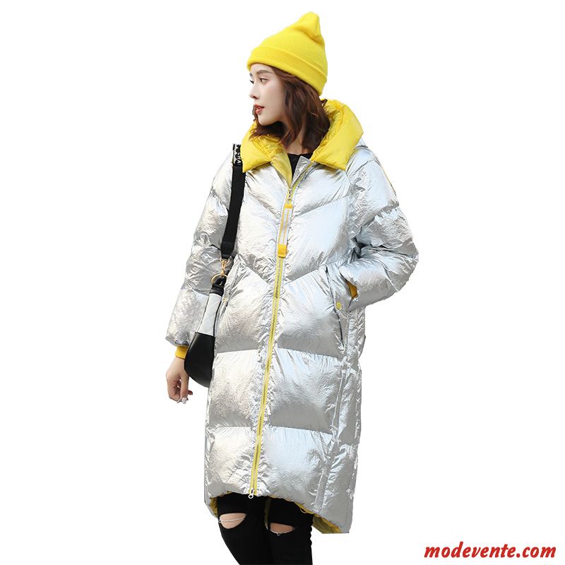 Veste En Coton Femme Matelassée Baggy Vêtements Matelassé Longue Cuir Hiver Impression Couleur De Contraste Jaune Argent