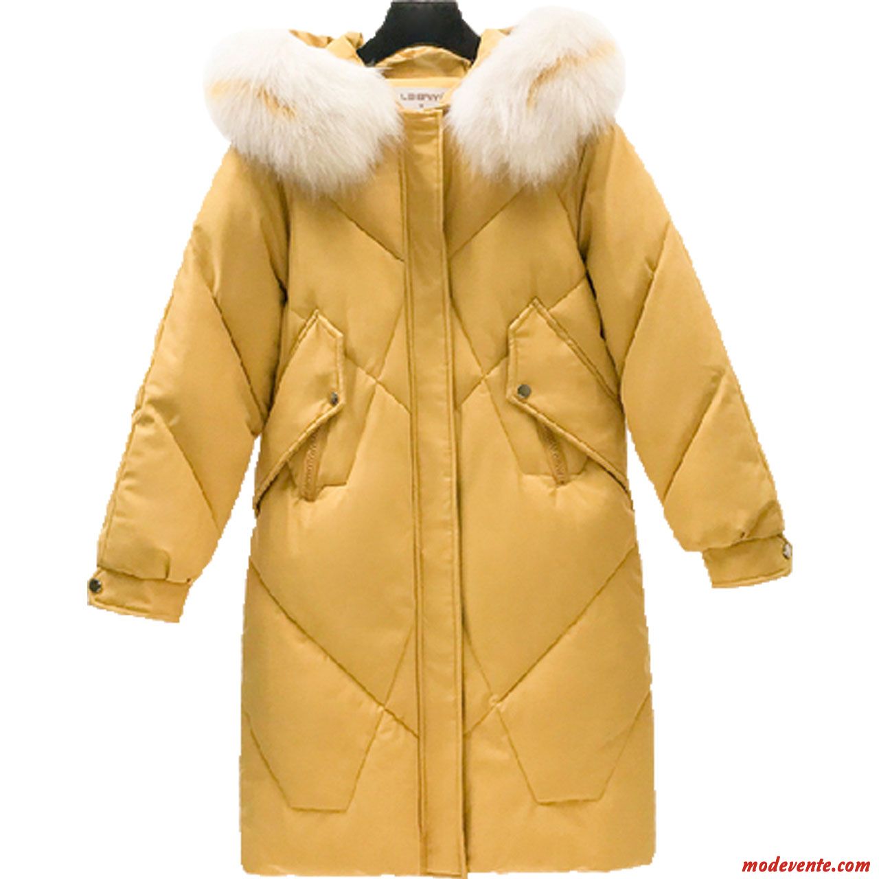 Veste En Coton Femme Matelassée Slim Gros Hiver Grand Col De Fourrure Longue Jaune