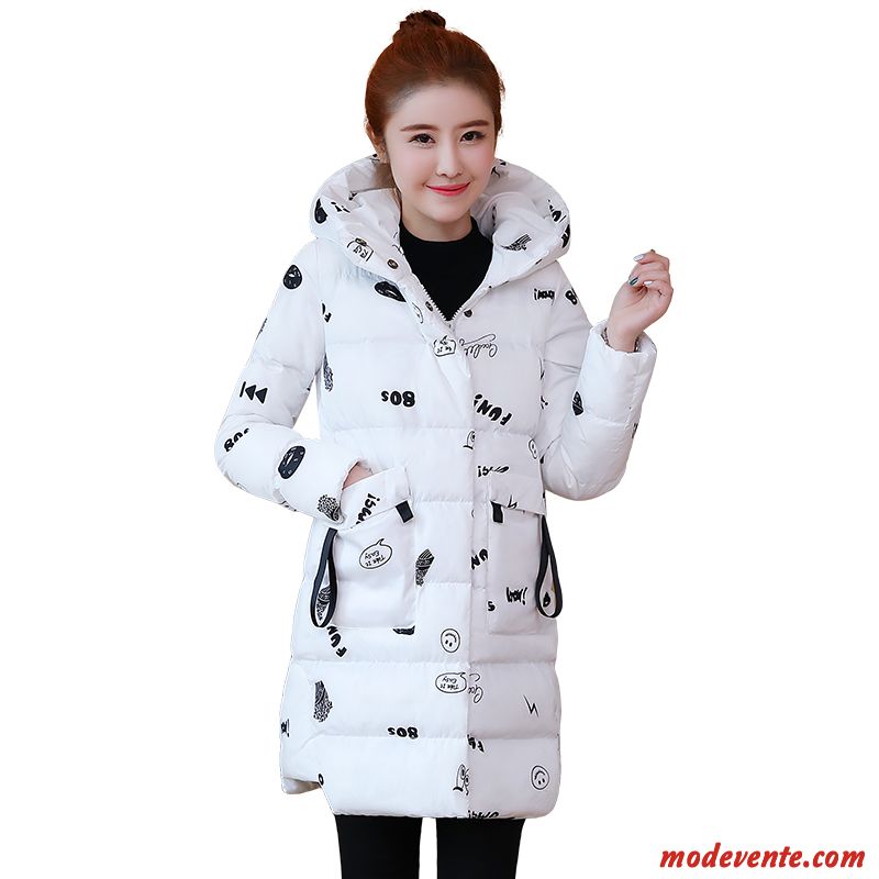 Veste En Coton Femme Matelassée Vêtements D'hiver Capuche Vêtements Matelassé Mince Épaissir Impression Blanc