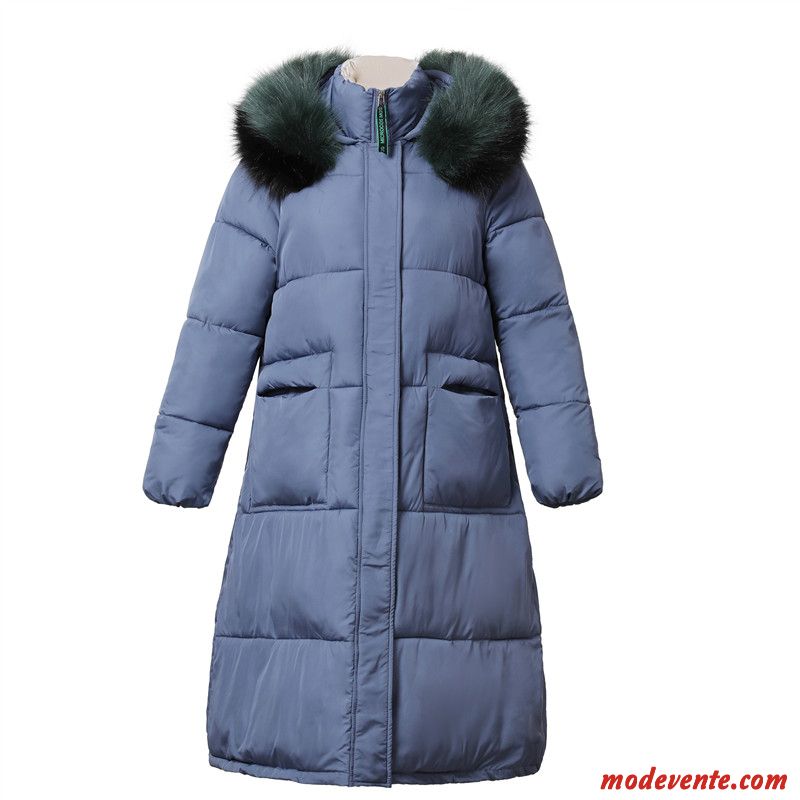 Veste En Coton Femme Poche Manteau Grand Col De Fourrure Irrégulier Épissure Capuche Bleu