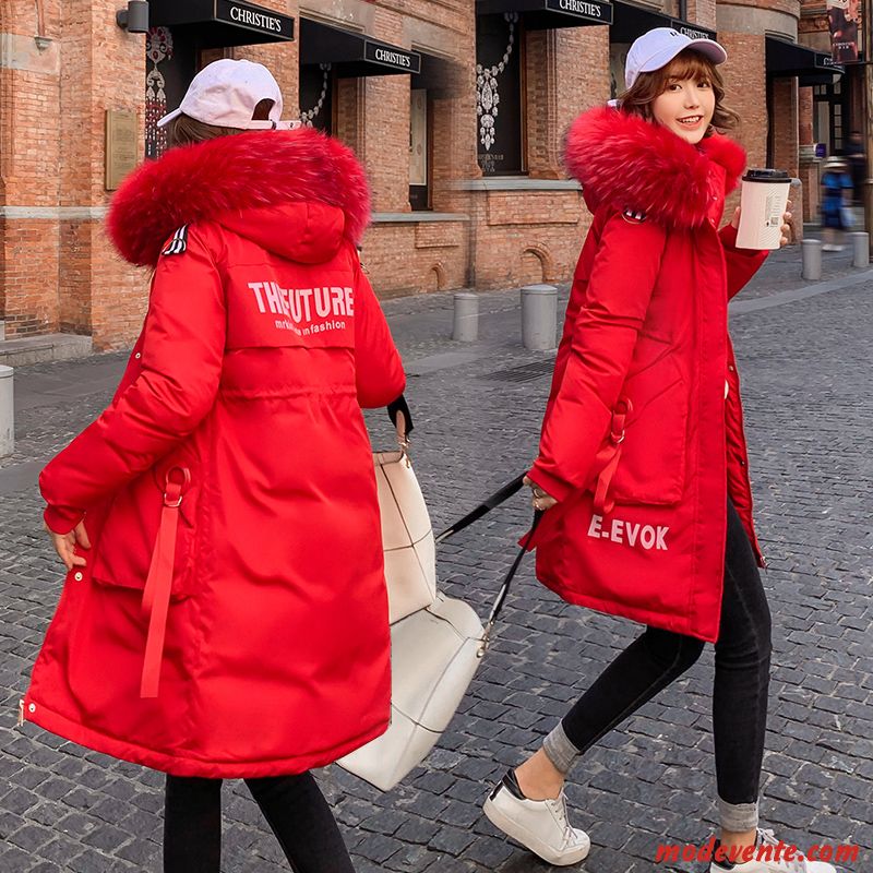 Veste En Coton Femme Épaissir Baggy Vêtements Matelassé Longue Grand Col De Fourrure Vêtements D'hiver Pure Rouge