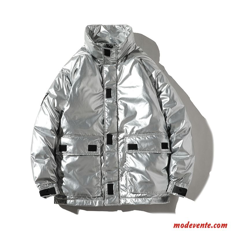 Veste En Coton Homme Chauds Col Mandarin Vêtements Matelassé Paillette Cargo Marque De Tendance Argent