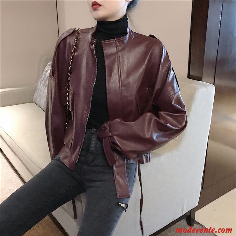 Veste En Cuir Femme Baggy Vêtements Moto Tendance Manteau Décontractée L'automne Bordeaux Pure