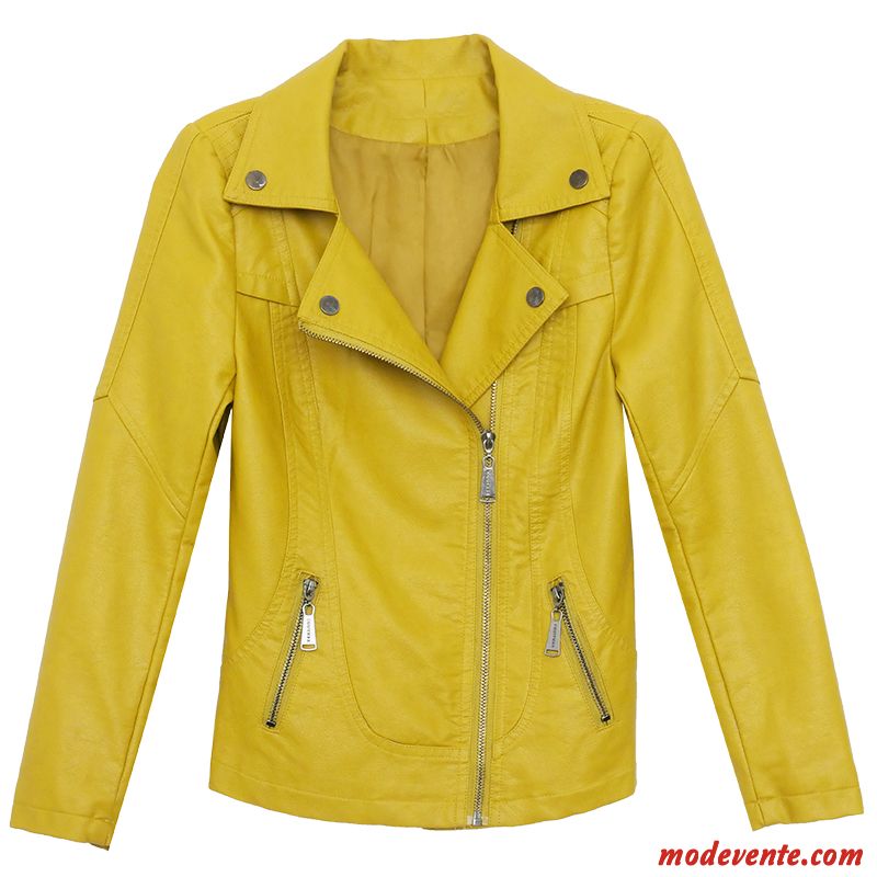 Veste En Cuir Femme L'automne Printemps Dame Court Tendance Manteau Jaune