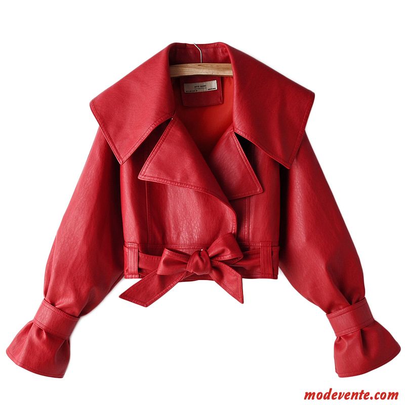 Veste En Cuir Femme L'automne Vêtements Moto Tendance Manteau Court Décontractée Rouge