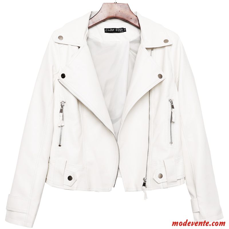 Veste En Cuir Femme Mince Court Vestes En Cuir Manteau Vêtements Moto Slim Blanc