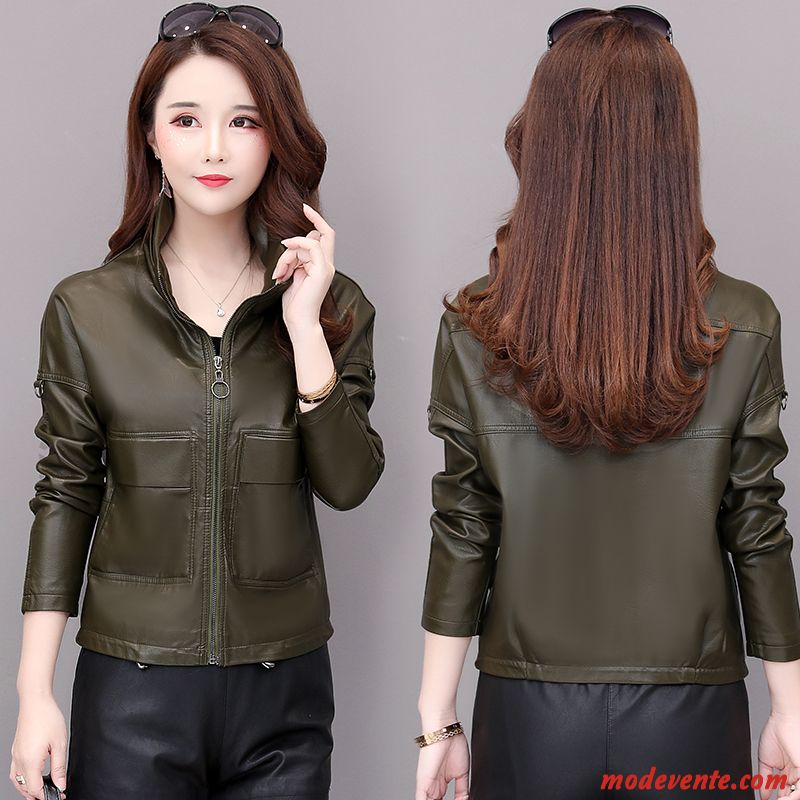 Veste En Cuir Femme Mince Manteau Longues Tendance Vestes En Cuir Printemps Vert Foncé