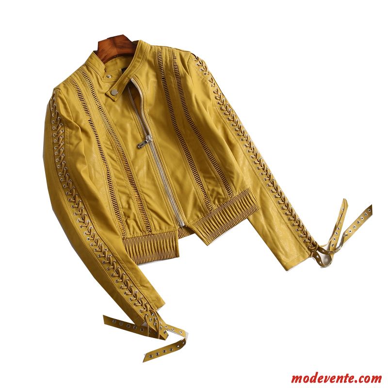 Veste En Cuir Femme Mince Pompon L'automne Creux Guipure Manteau Une Veste Jaune