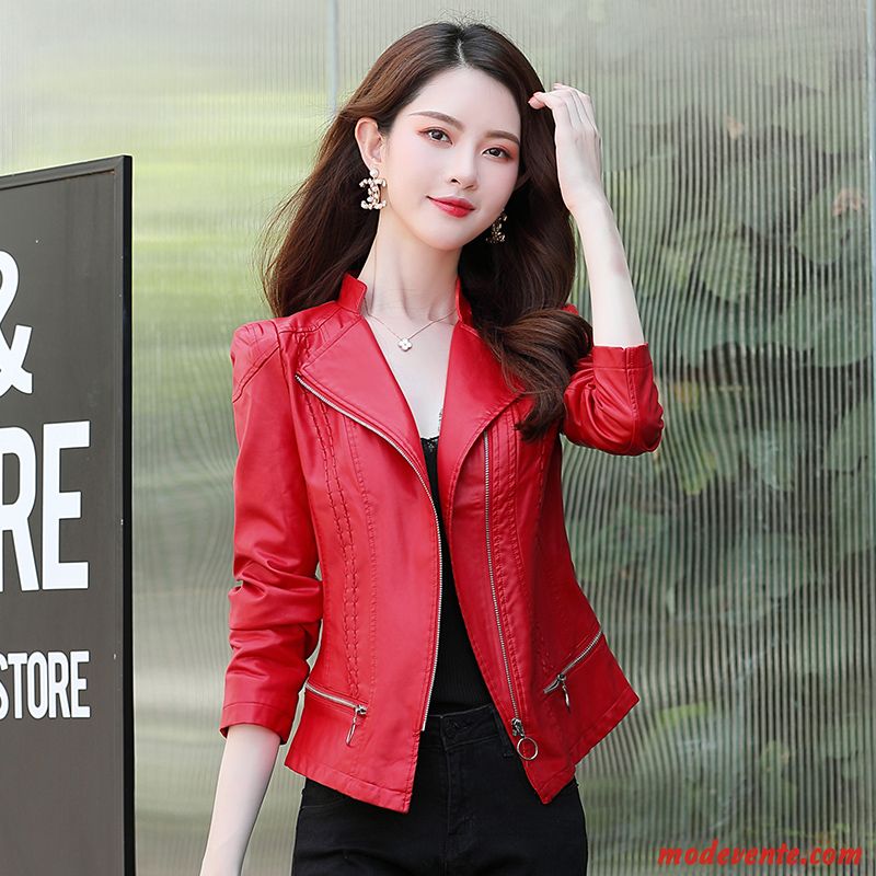 Veste En Cuir Femme Mode Confortable Slim Tempérament Vestes En Cuir Tendance Rouge