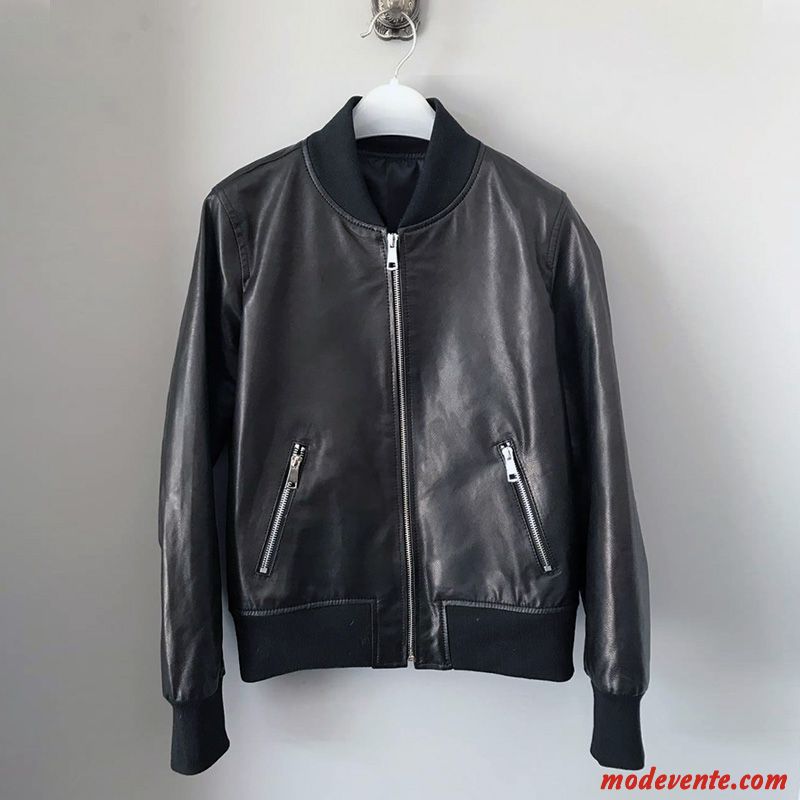 Veste En Cuir Femme Printemps Vêtements Moto Cuir Véritable Col Mandarin Peau De Mouton Vestes En Cuir Noir