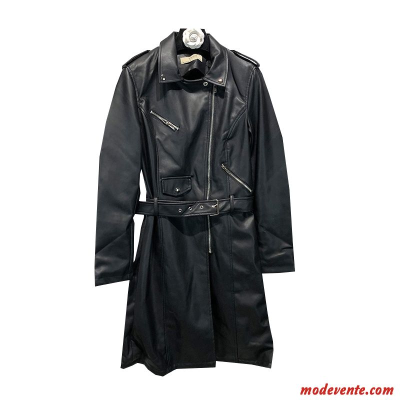 Veste En Cuir Femme Revers Roulé Coupe Vent Mince Manteau Vêtements Moto Nervurées Noir