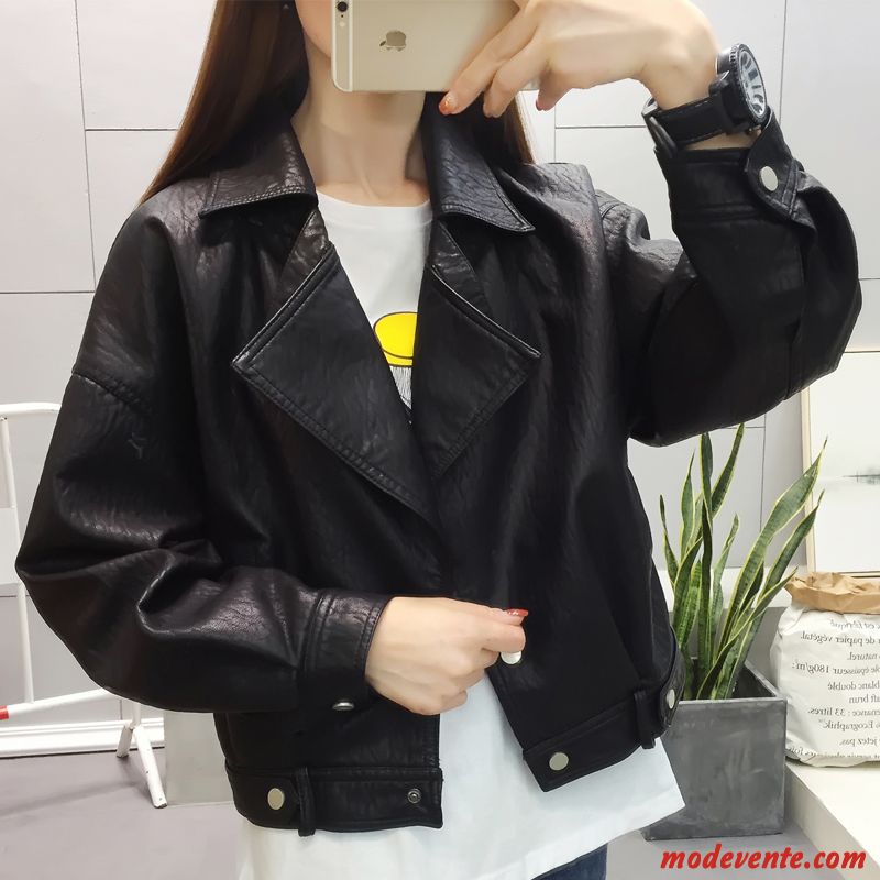 Veste En Cuir Femme Revers Roulé L'automne Court Baggy Longues Vestes En Cuir