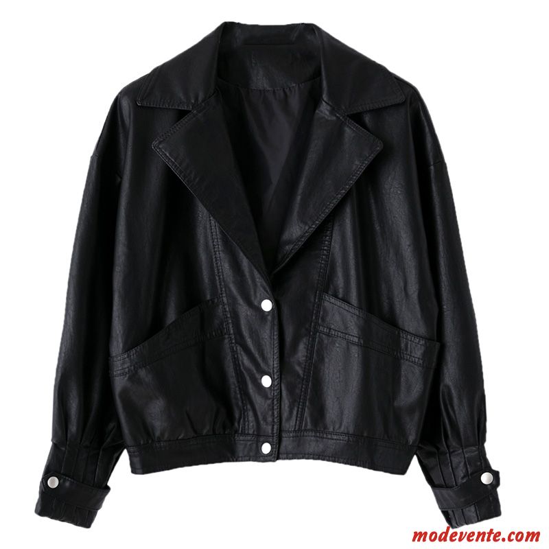 Veste En Cuir Femme Revers Roulé Mince L'automne Simple Tendance Vestes En Cuir Pure Noir