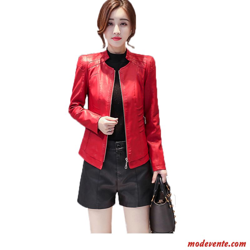 Veste En Cuir Femme Slim Court Mince Tendance L'automne Vestes En Cuir Rouge