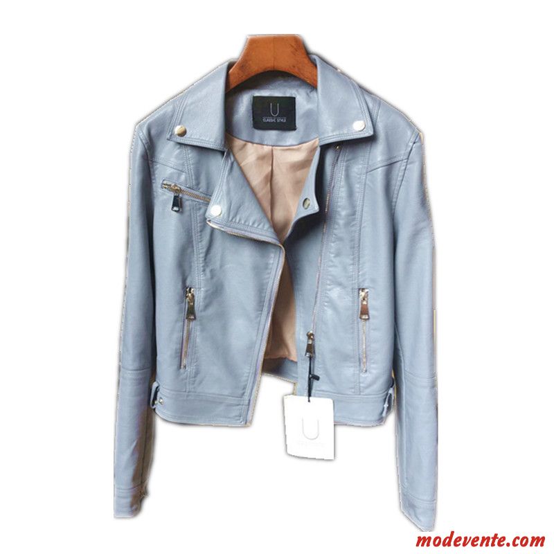 Veste En Cuir Femme Slim Printemps Manteau Court L'automne Dame Bleu Clair Bleu Noir Gris