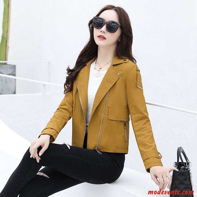 Veste En Cuir Femme Tempérament Revers Roulé Tendance Simple L'automne Mode Pure Jaune