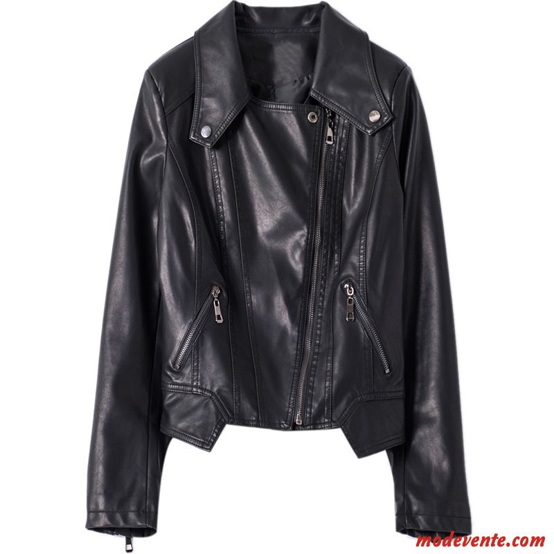 Veste En Cuir Femme Vestes En Cuir Confortable Décontractée Vêtements Moto Tendance Mode Pure Noir