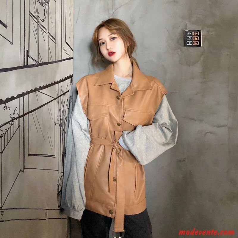 Veste En Cuir Femme Vestes En Cuir Longues Mode Baggy Ensemble L'automne Gris