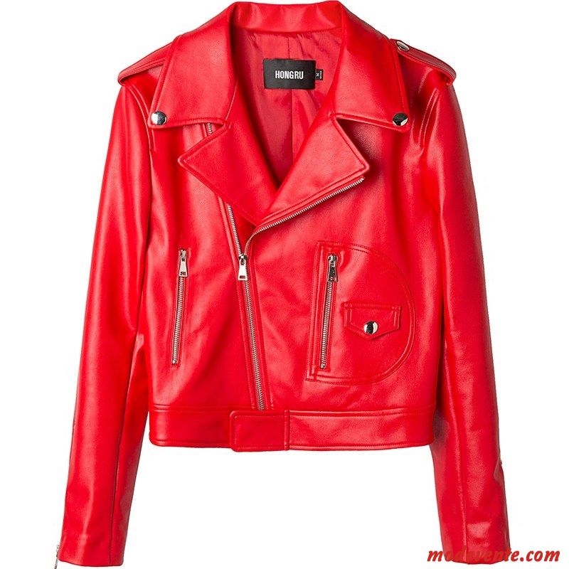 Veste En Cuir Femme Vestes En Cuir Printemps L'automne Manteau Vêtements Moto Court Rouge