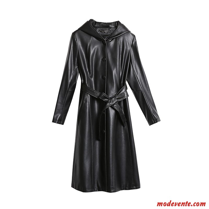 Veste En Cuir Femme Vestes En Cuir Tendance Delavé Capuche Manteau Mince Noir