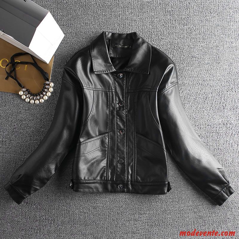 Veste En Cuir Femme Vêtements Moto Mince Pu Baggy Décontractée L'automne Noir