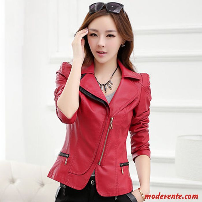 Veste En Cuir Femme Épaissir Manteau Tendance Mode Vestes En Cuir Chauds Rouge