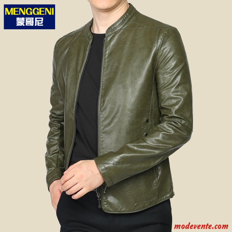 Veste En Cuir Homme Col Mandarin Manteau Mince Slim Tendance L'automne Vert