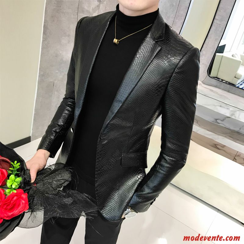 Veste En Cuir Homme Costume Décontractée Slim Vestes En Cuir Revers Roulé Manteau Noir
