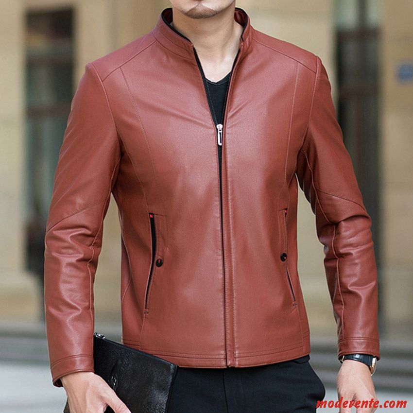 Veste En Cuir Homme De Travail Décontractée Une Veste Haute Qualité Col Mandarin Hiver Pure Rouge