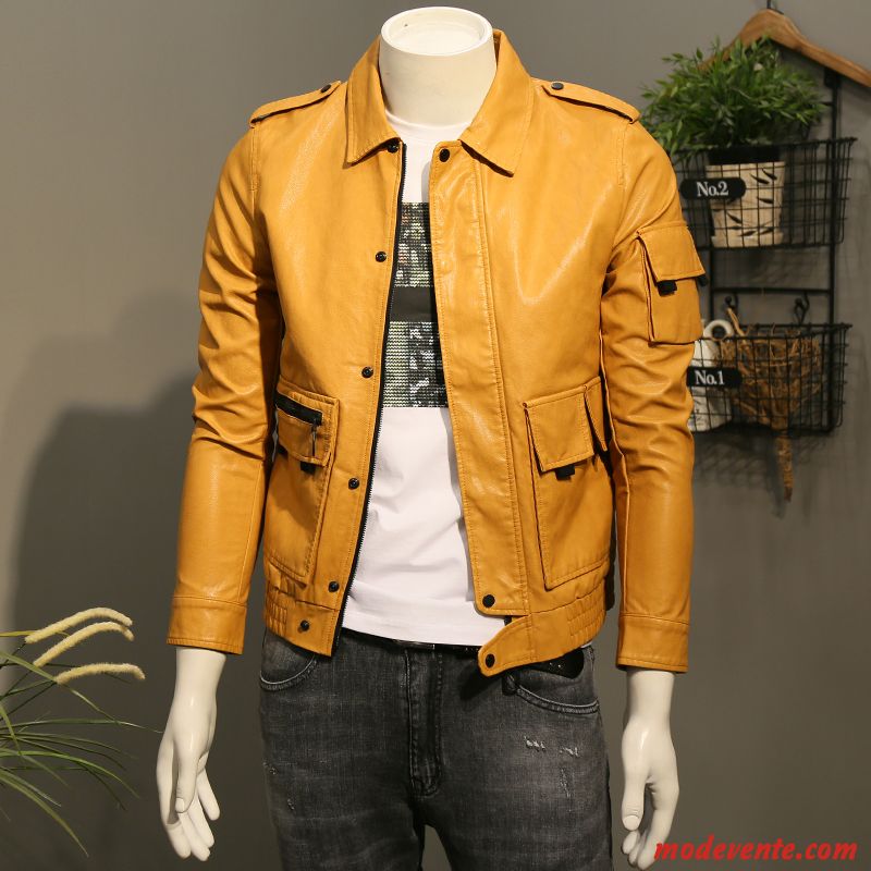 Veste En Cuir Homme Manteau Revers Roulé Tendance Beau Slim Vestes En Cuir Jaune