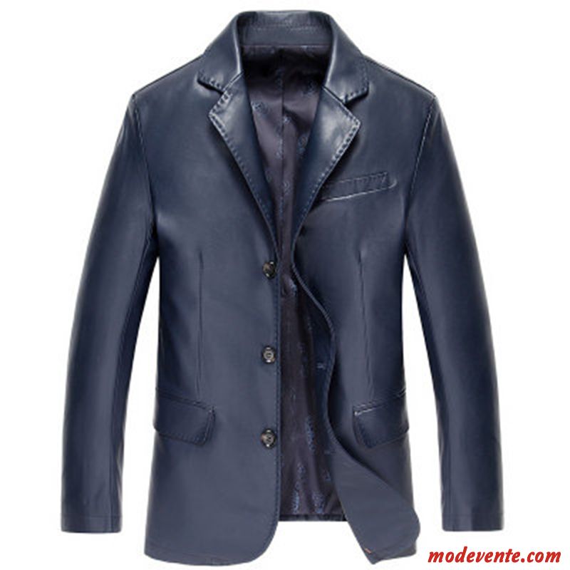 Veste En Cuir Homme Manteau Vestes En Cuir Costume Slim Âge Moyen Beau Bleu