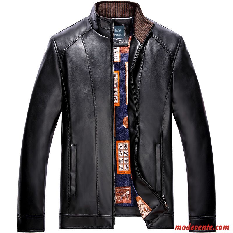 Veste En Cuir Homme Mince Col Mandarin Vêtements D'hiver Manteau L'automne Plus De Velours Noir