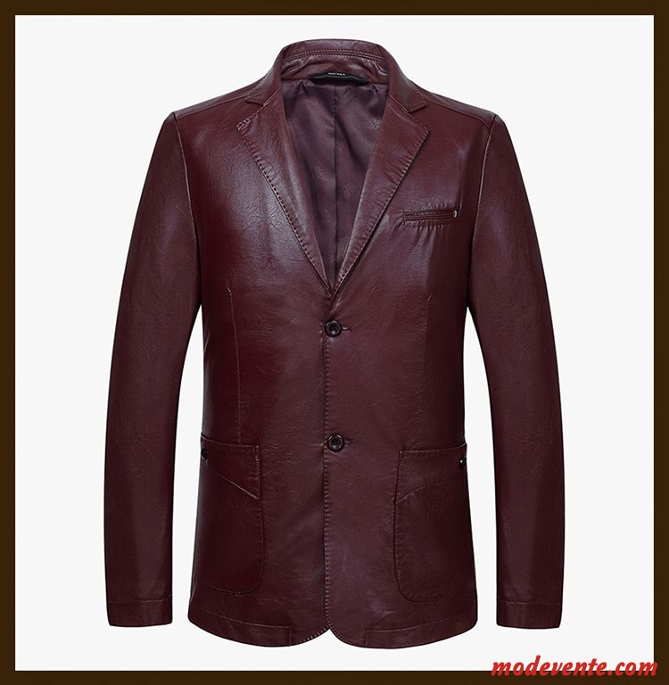 Veste En Cuir Homme Peau De Mouton Manteau Slim Vestes En Cuir Âge Moyen Costume Bordeaux