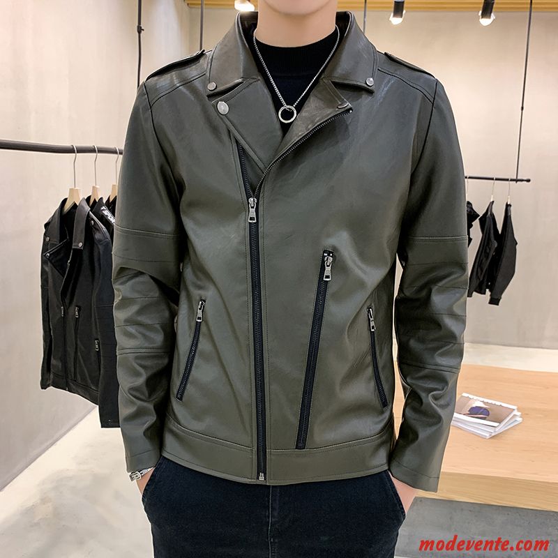 Veste En Cuir Homme Personnalité Beau L'automne Tendance Revers Roulé Vestes En Cuir Vert