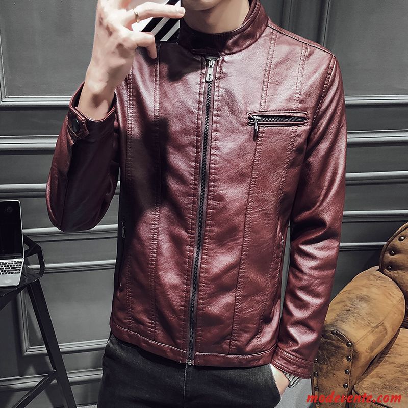 Veste En Cuir Homme Printemps Légère Tendance L'automne Vestes En Cuir Slim Rouge