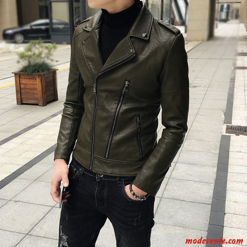 Veste En Cuir Homme Revers Roulé Jeunesse Manteau Tendance Décontractée Slim Vert